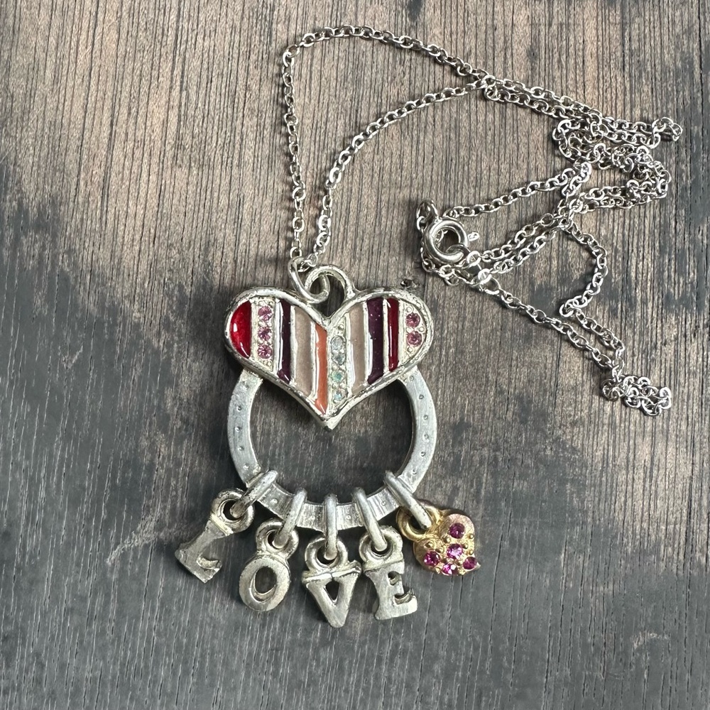 Vintage 2000s AJMC multi-charm heart love spellout dangle necklace